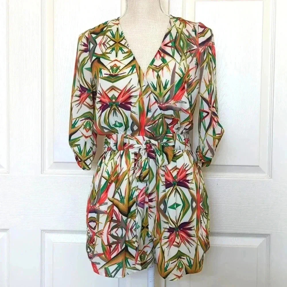 Gianni Bini Romper Birds of Paradise White Tropical